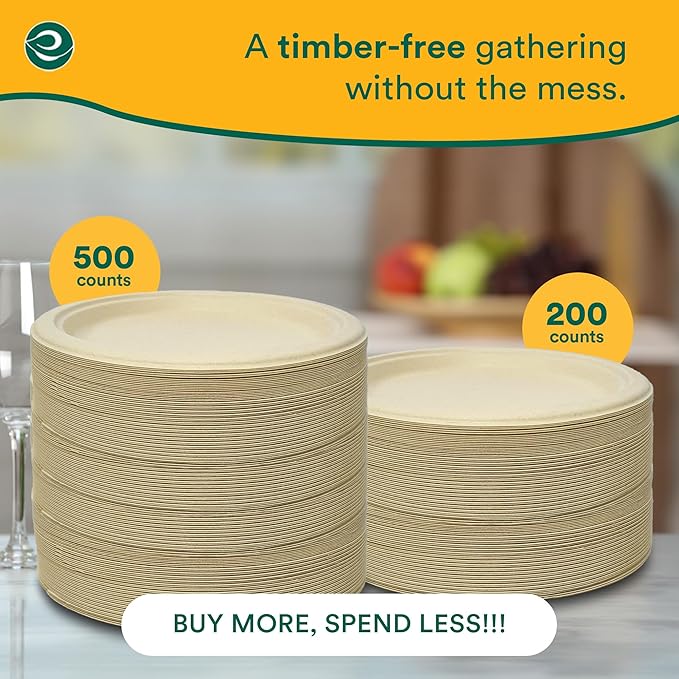 ECO SOUL Compostable Paper Plates 6 Inch (200 Count) Plates for Christmas Dessert, Heavy Duty, Eco-Friendly Sugarcane Bagasse Small Plates For Appetizer- Natural Brown