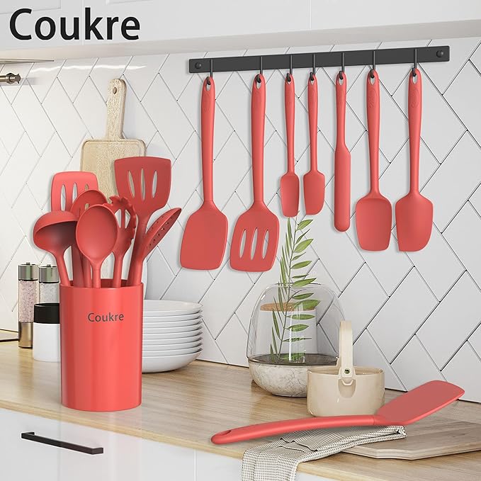 Coukre Silicone Kitchen Cooking Utensils Set with Holder ??Heat-Resistant, Food-Grade Kitchen Tools, Spatula, Spoon & Gadgets for Non-Stick Pans, Dishwasher Safe (14, PureRed)