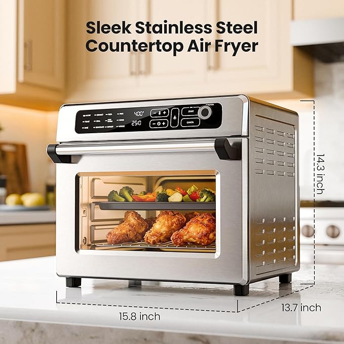 Kismile 25QT Air Fryer Toaster Oven Combo, 12-in-1 Large Countertop Convection Airfryer Oven, 70??50?? Bake, Roast, Reheat, Broil, Fits 12??Pizza, Includes Full Accessories, Stainless Steel(Silver)