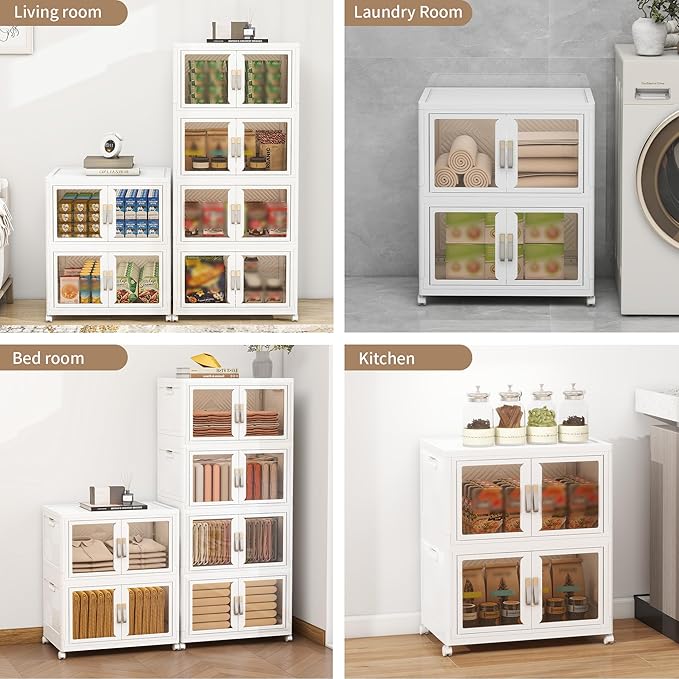 Large Clear Stackable Storage Bins with Lids, 90QT-45QT*2Tier Foldable Cabinet for Closet Organizers, Plastic Storage Box with Wheels White