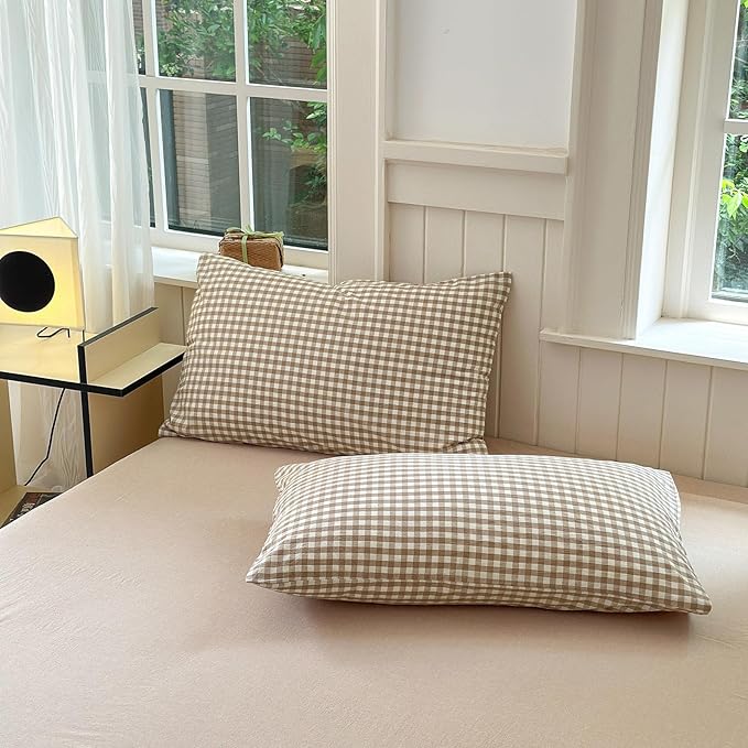 LifeTB Tan Gingham Comforter Set Full Modern Style Beige Plaid Comforter Set 3 Pieces Soft Fluffy Grid Checkered Pattern Comforter with 2 Pillowcases Farmhouse Gingham Bedding Comforter Full