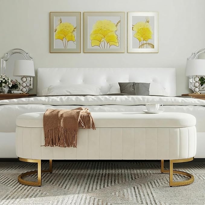 VIROL 51 Inch Storage Ottoman Bench Velvet End of Bed Storage Bench King Size Upholstered Tufted Bench Large Space for Bedroom Living Room Entryway Beige