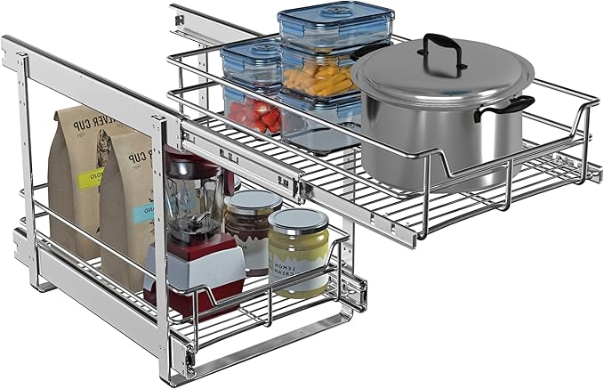 2 Tier Pull Out Cabinet Organizer (11" W x 22" D), Roll Out Shelves and Drawer for Kitchen Pantry Storage Basket, Heavy-Duty Metal Sliding Shelf