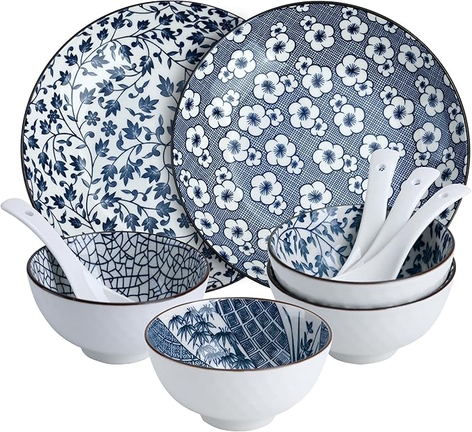 Cherry blossoms Ceramic Dinnerware Set for 2, 10-Piece Stoneware Plates and Bowls Microwave Safe, Elegant Blue Gift Box