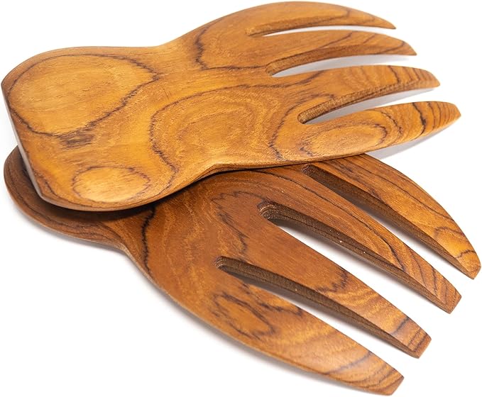 Rainforest Bowls Javanese Teak Wood Salad Serving Hands - Perfect for Mixing, Tossing & Serving Salad - Ultra-Durable- Premium Wooden Design Handcrafted by Indonesian Artisans