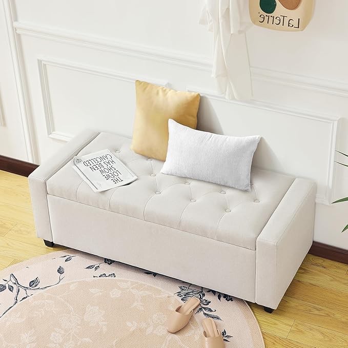 Redlife 48in Ottoman Bench with Storage, End of Bed Storage Bench, Button Tufted Bedroom Bench with Safety Hinges, Large Ottoman for Bedroom, Living Room, Entryway (Beige)