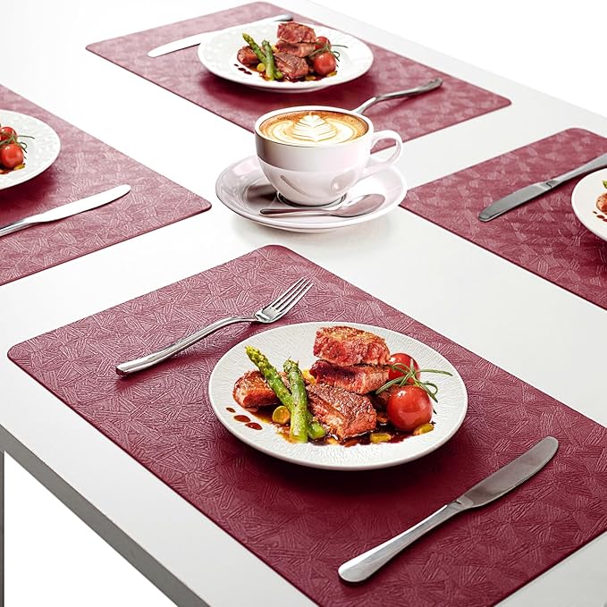 Uolr Vinyl Placemats Set of 12 Faux Leather 100% Waterproof Wipeable Washable Place Mats Heat Resistant Easy Clean Non-Slip Table Mats for Indoor Outdoor. (12,Red)