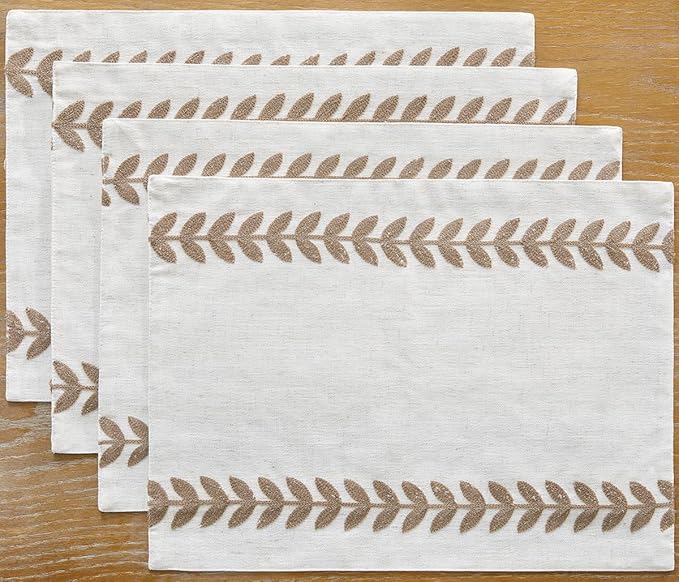 Wracra Embroidered Placemats, 13 x 18 Inch Set of 4 Placemats, Irregular Willow Rustic Place Mats for Kitchen Table and Heat Resistant, Taupe 4PCS