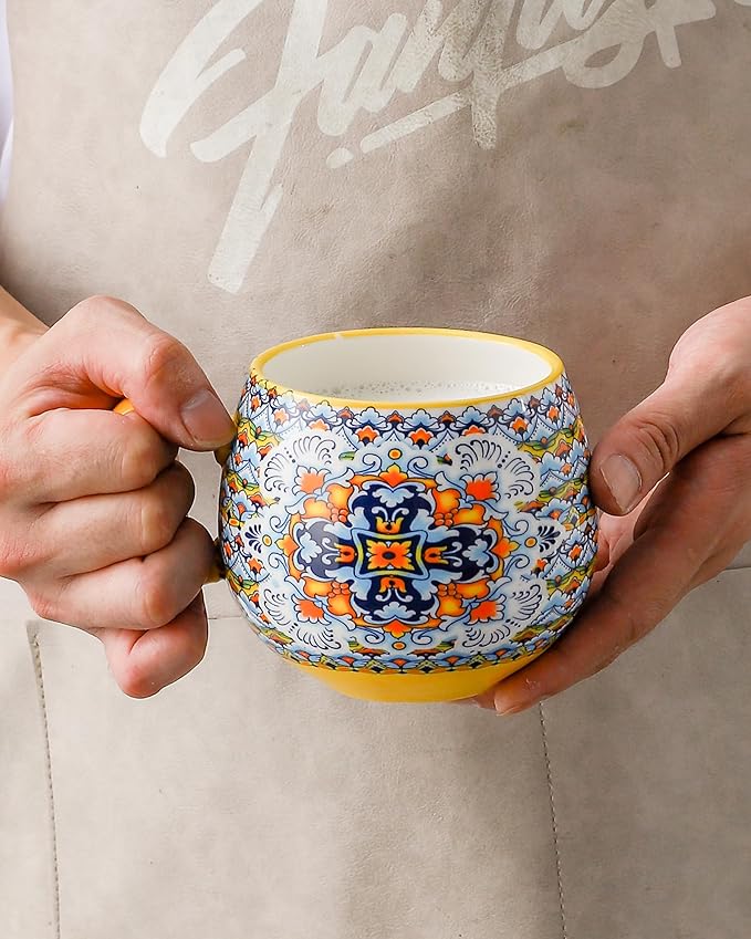 HENXFEN LEAD Boho Ceramic Coffee Mugs Set of 6 ??20 oz Large Porcelain Cups for Latte, Cappuccino, Tea, Cocoa & Soup ??Microwave & Dishwasher Safe