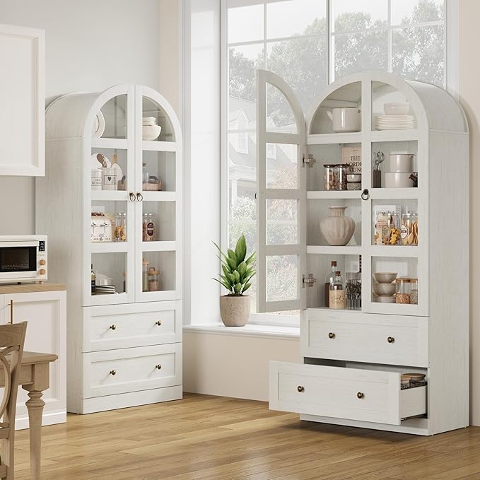 CABIHOME 72" Tall Arched Kitchen Pantry Cabinet, Freestanding Farmhouse Storage Cupboard with Doors, Drawers & Shelves, Versatile Wooden Organizer for Dining Room, Living Room, White