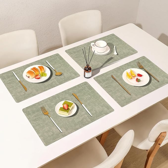 Boobezeen Faux Leather Placemats Set of 6, Heat Resistant Wipeable Washable Vinyl Place Mats, Waterproof Anti-Slip Dining Table Mats, Suitable for Indoor & Outdoor Use (Light Green)
