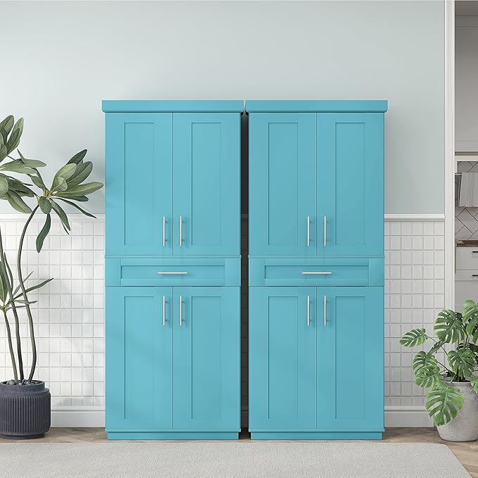 HOMCOM 72" Kitchen Pantry Cabinet, Freestanding Tall Storage Cabinet with 4 Doors, Drawer and 3 Adjustable Shelves for Dining Room, Turquoise