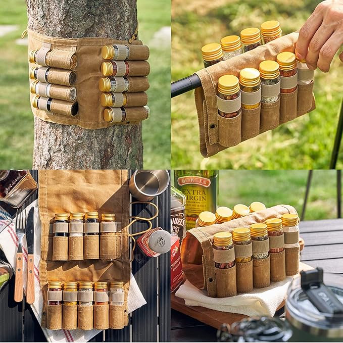 Camping Spice kit with 9 spice Jar,rope,Spice Labels Sticker,Silicone Collapsible Funnel, Canvas Travel Seasoning container, portable spice bag for travel (NAVY BLUE)