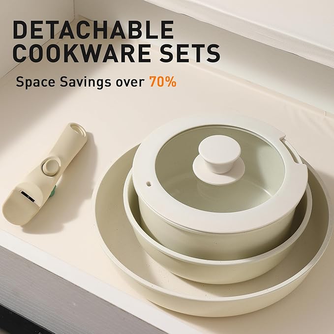 Ceramic Cookware Set 9 Pcs Pots and Pans Set with Detachable Handles Cooking Pan Saucepan Set Skillet Healthy Induction Cookware Oven Safe Dishwasher RV Kitchen Cream