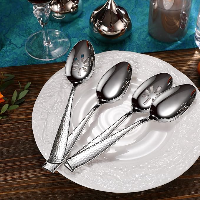 KEAWELL Premium Louis Hammered Serving Utensils, 18/10 Stainless Steel, Squared Edge Design, Mirror Finish, Dishwasher Safe (Serving Spoons, Set of 4)