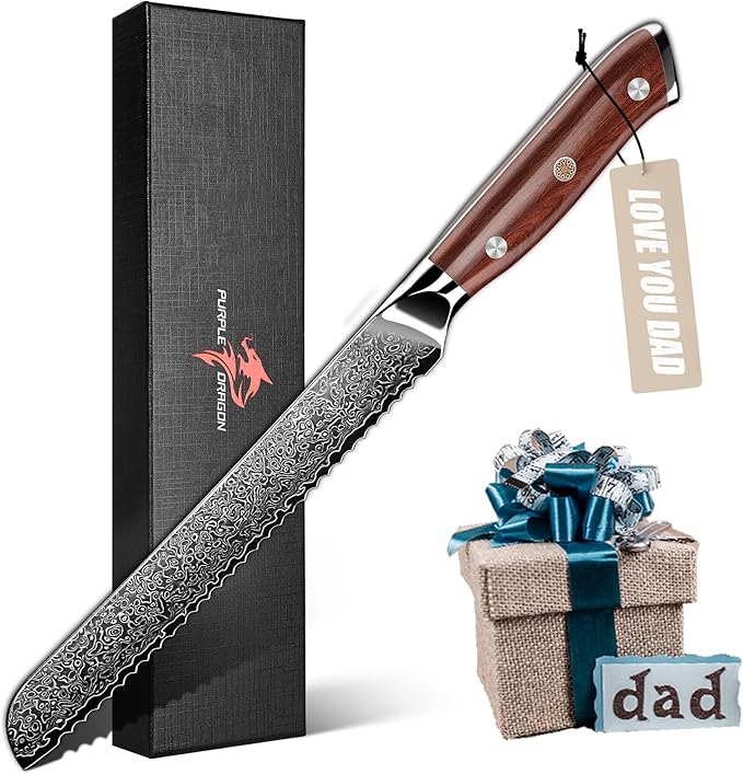 Purple Dragon Damascus Bread Knife 8 Inch, VG10 Steel Serrated Knife for Homemade Sourdough Bread, Cake and Fruit, Razor-Sharp Chef's Knives Christmas Gift for Men and Women