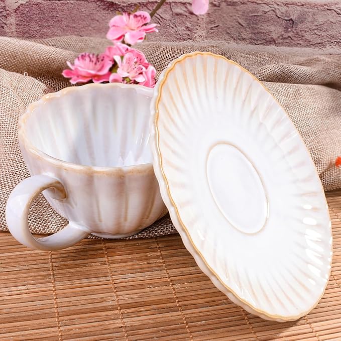 Ceramic Floral Coffee Mug with Saucer Set with Spoon- Vintage Glazed Tea Cup and Coaster for Cafe/Home/Office,White, Petal-Shape Design
