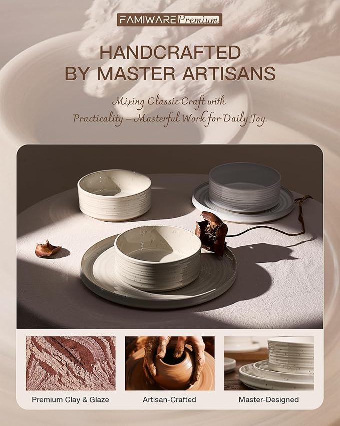 Stoneware Dinnerware Dishes Set for 8, 24 Pieces Spiral Plates and Bowls Sets with Straight Rim, Speckles & Reactive Glaze - Microwave and Dishwasher Safe, White