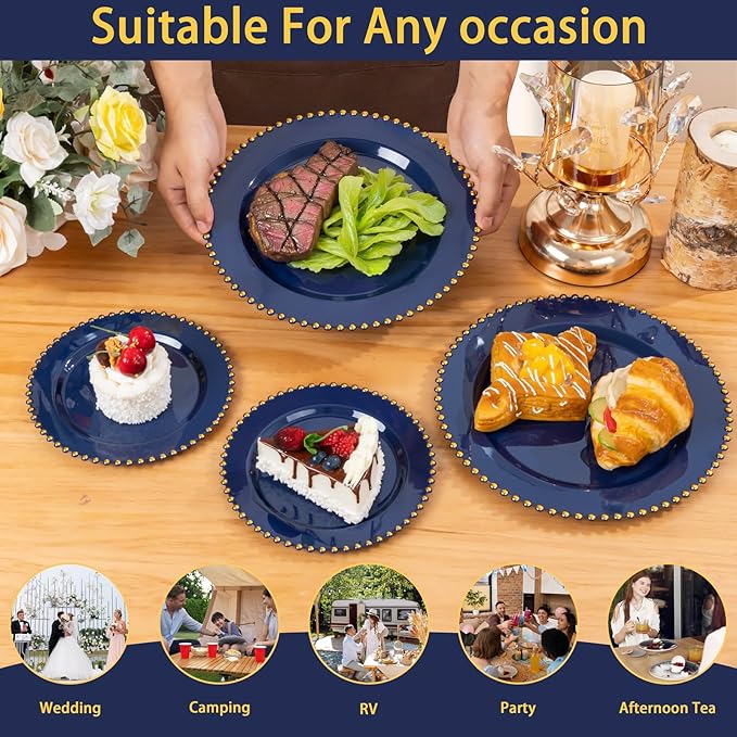 EI 60pcs Dark Blue Plastic Plates with Gold Rim Disposable,Blue Plastic Plates Disposable for Party,Heavy Duty Dinner/Dessert Fancy Elegant Plate for Wedding,Birthday,Afternoon Tea