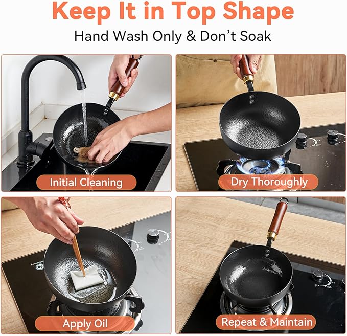 WANGYUANJI 8 Inch Hammered Iron Stir Fry Pan for 1?? Servings, Removable Beechwood Handle, Traditional Small Wok for Searing, Saut챕ing, Stir-Frying ??Non-Coated, Stovetop Compatible
