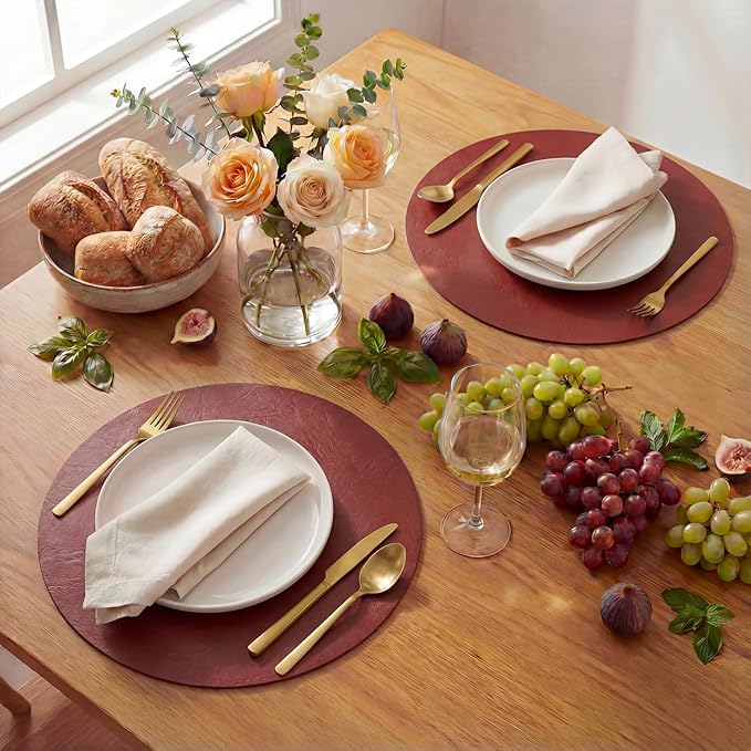 Artoid Mode Red Faux Leather Placemats Set of 4, 15 Inch Waterproof Wipeable Heat Resistant Place Mats, Reversible Table Mats for Christmas Kitchen Dining Decor