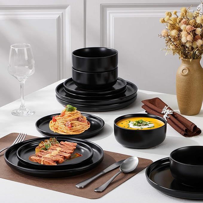 Herogo 18 Pieces Stoneware Dinnerware Sets Service for 6, Dinner Plates and Bowls Sets, Double Reactive Glaze Dishes Set for Kitchen, Scratch Resistant, Microwave & Dishwasher Safe, Matte Black