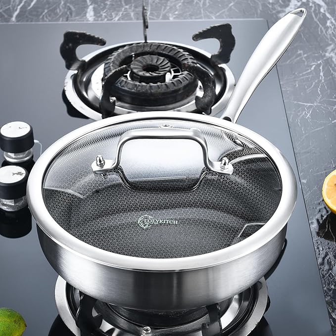LOLYKITCH 3 Quarts Hybrid Stainless Steel Nonstick Saut챕 Pan,Skillet,10 Inch Induction Deep Frying Pan,Dishwasher and Oven Safe,Riveted Handle.