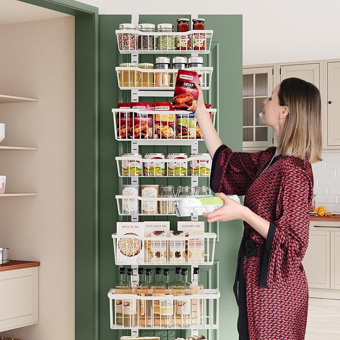 Over The Door Organizer竊?-Tier Over The Door Pantry Organizer with Adjustable Baskets竊똌etal Hanging Pantry Organizers and Storage for Kitchen, Back of Door Seasoning Rack (White)