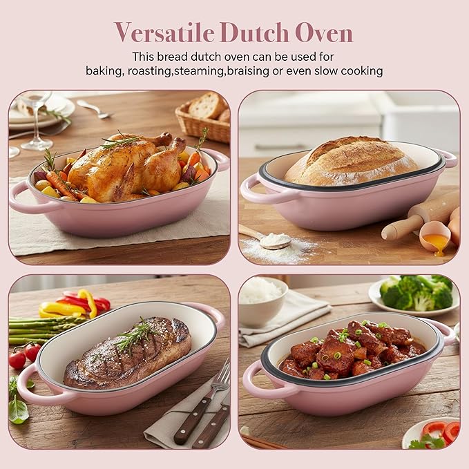 3 QT Oval Dutch Oven for Bread Baking, Enamelled Cast Iron Bread Oven for Sourdough, Sourdough Loaf Pan with Lid, Heavy-Duty Non Stick Bread Pan for Homemade Bread Baking, Pink