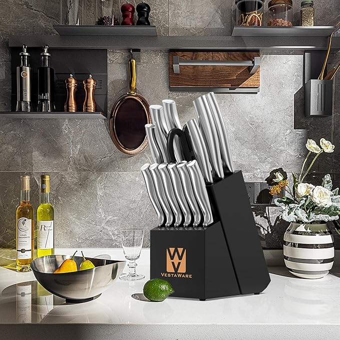 Vestaware Knife Set, 14 Pcs Kitchen Knife Block Set, Japanese High Carbon Stainless Steel Knives Set for Kitchen, Razor-Sharp Chef Knife Set, Gifts for Men