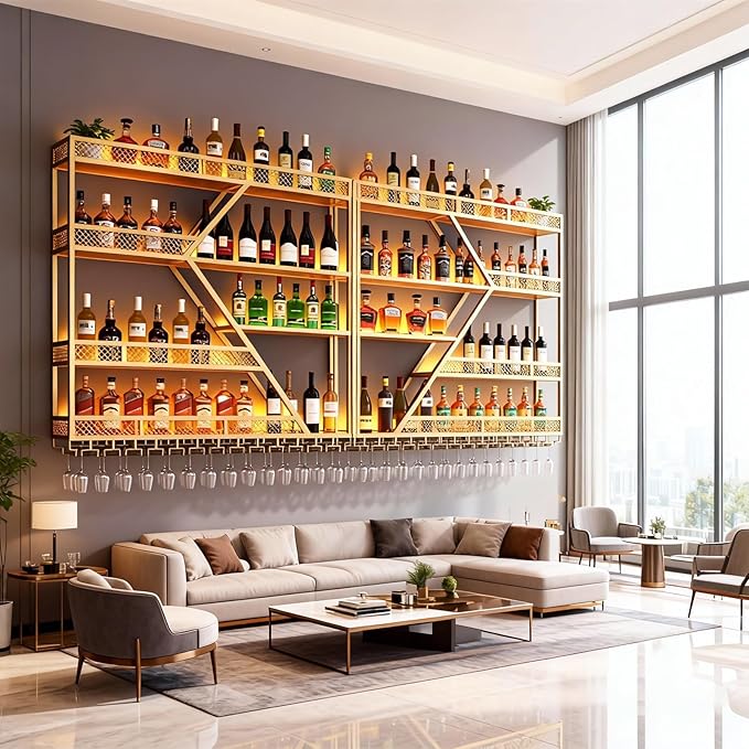 79in Metal Wine Rack Wall Mounted, Modern Wine Storage Rack Wall Mounted with Wine Glass Holder, Liquor Shelf, Bar Shelves for Liquor Bottles (4 Tiers Gold, 79 * 7.87 * 48.5INCH)