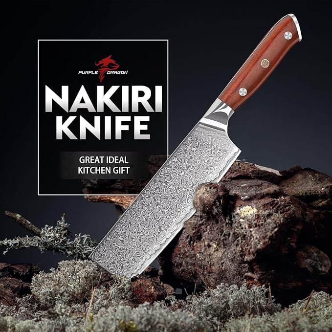 Purple Dragon Damascus Nakiri Knife, 7 Inch Meat Cleaver Knife VG10 Steel Kitchen Knives for Cutting Vegetables Chopping Meat Razor-Sharp Chef's Knives Christmas Gift for Men and Women