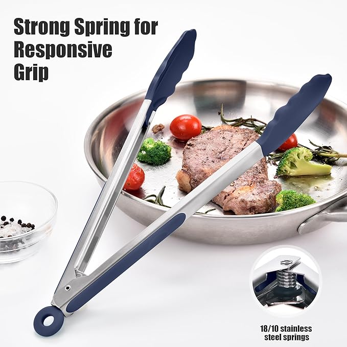 Doosu Kitchen Tongs for Cooking - 600째F Heat Resistant Food Tong with Non-Scratch Silicone Tips, Heavy Duty Stainless Steel Locking Tong for BBQ, Grilling Steak, Serving Salad Pasta (12in, Navy Blue)