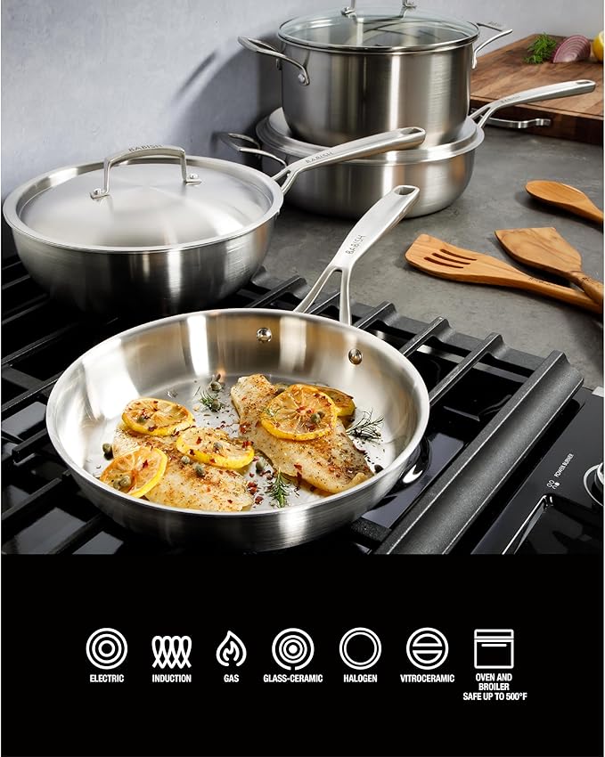 Babish 10-Piece Professional Tri-Ply Non-Toxic Pots and Pans Cookware Set ??Durable, Even Heat Distribution for Cooking and Baking