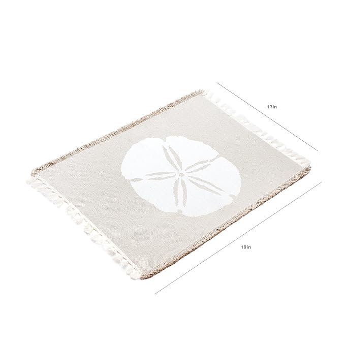 Living Fashions Table Placemats Set Of 4 - Beach Themed Nautical Kitchen Placemats For Dining Table - 100% Washable Cotton Place Mat- Seashell, Sand Dollar, Starfish & Anchor Designs With Fringes
