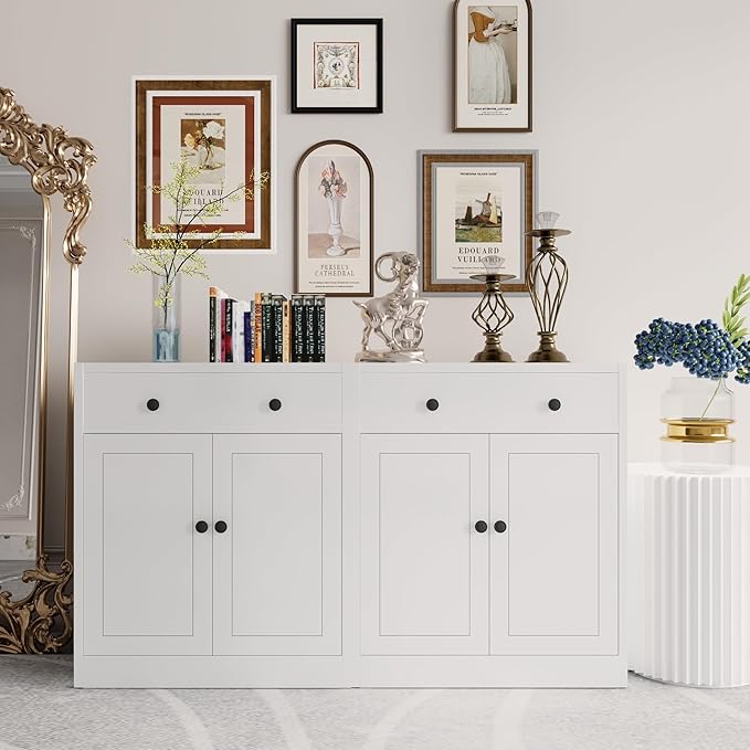 CJF Metal Buffet Cabinet, Coffee Bar Cabinet with Drawer & Adjustable Shelf, Sideboard Cabinets for Kitchen, Coffee Bar, Bathroom, Entryway, Home Office, Pantry-White