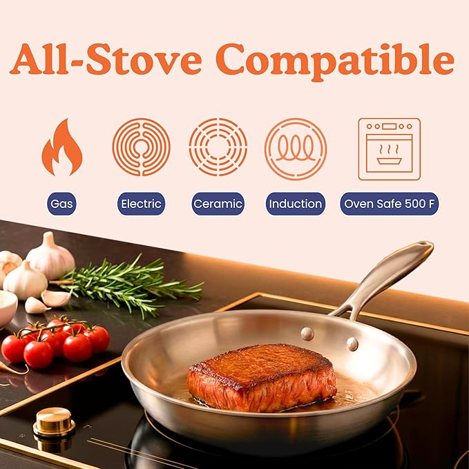 Ziruma Non-Toxic 8" Surgical Grade Stainless Steel Frying Pan, Fully Clad for Fast & Even Heat, PFOA-Free, Induction Compatible, Oven Safe to 500째F