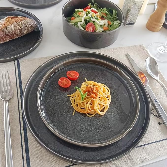 Stoneware Dinnerware Sets, Plates and Bowls Set for 4, 12-Piece Modern Stoneware Dinnerware ??Chip Resistant, Non-Toxic, Dishwasher and Microwave Safe Tableware竊똆lossy Black