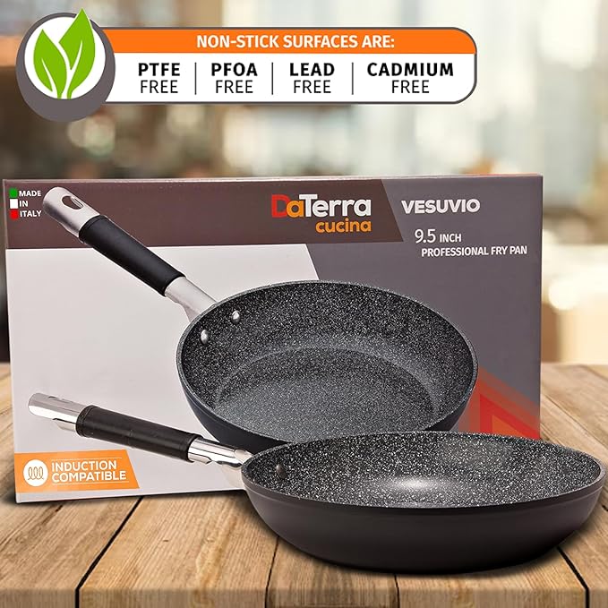 DaTerra Cucina - Nonstick Ceramic Frying Pan - Made in Italy - Oven & Induction Safe - High Heat Resistant Nonstick Cookware - Dishwasher Safe - Volcanic Black Speckled - 9.5"