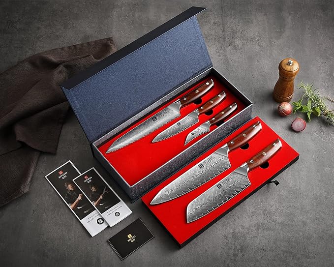 XINZUO 5 Pcs Knife Set, Professional Super Damscus Steel Kitchen Knife Set, Ultra Sharp Blade, Natural Rose Handle, Chef Gift Box-Yi Series