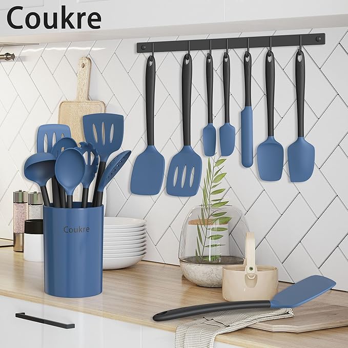 Coukre Silicone Kitchen Cooking Utensils Set with Holder ??Heat-Resistant, Food-Grade Kitchen Tools, Spatula, Spoon & Gadgets for Non-Stick Pans, Dishwasher Safe (14, DarkBlue)