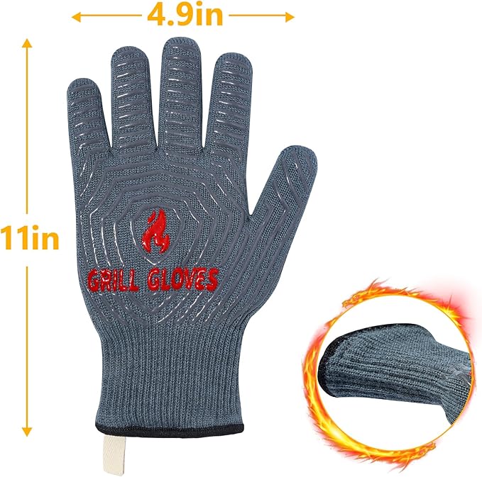 QUWIN BBQ Gloves, Oven Gloves 1472??Extreme Heat Resistant, Grilling Gloves Silicone Non-Slip Oven Mitts, Kitchen Gloves for BBQ, Grilling, Cooking, Baking-1 Pair??(Grey, One Size Fits Most)