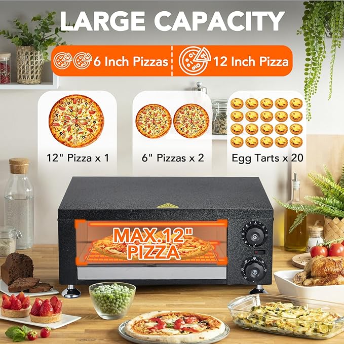 12 Inch Electric Countertop Pizza Oven, 1100w Stainless Steel Commercial Pizza Maker with Viewing Window & Timer for Fast Baking, Indoor Use for Restaurant, Home, Kitchen, Catering & Mall Kiosk