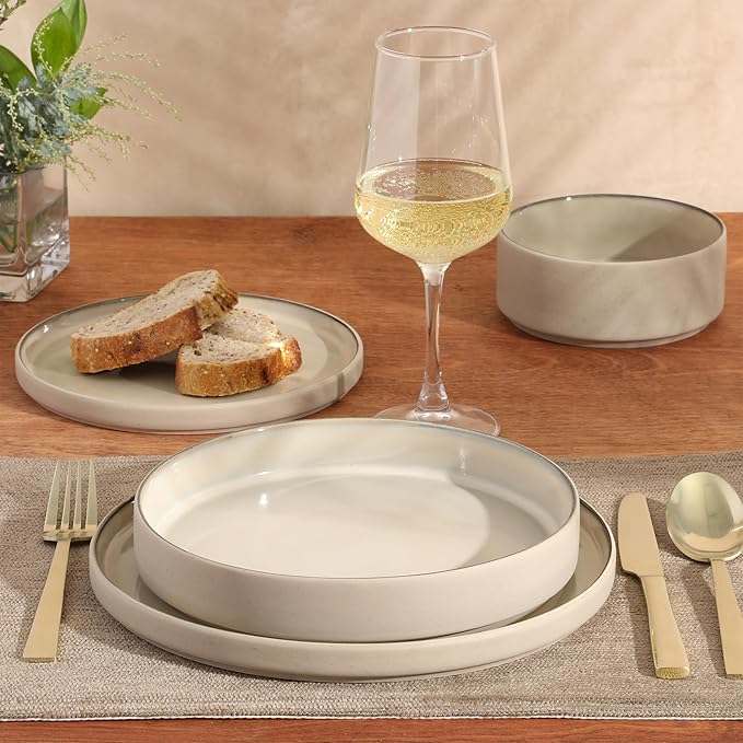 Gibson Elite Liberty Bay 16-Piece Pottery Clay Stoneware Dinnerware Set ??Taupe Reactive Glaze, Stackable Plates and Bowls W/Pasta Bowl, Service for 4 ??Microwave & Dishwasher Safe
