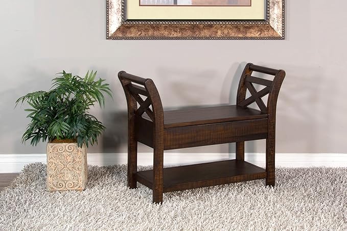 Empire USA Rustic Storage Bench, Mahogany Wood with Lower Shelf (Tobacco Leaf Finish)