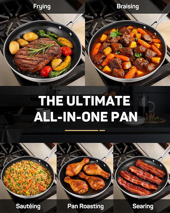 Stainless Steel Nonstick Frying Pan, Hybrid Ceramic 8-Inch Frying Pans, Stay-Cool Handle, PFAS & PFOA PTFE Free, Dishwasher & Oven Safe, Scratch-Resistant, Compatible with Induction & All Cooktops