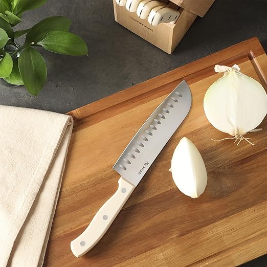 Kenmore Kane 14-Piece Stainless Steel Kitchen Knife Block Set ??Triple Rivet ABS Handles, Cream White ??Chef, Bread, Utility, Paring, Steak Knives & Kitchen Shears in Wood Storage Block
