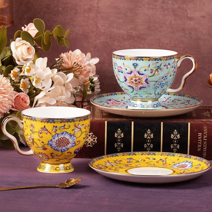 KAMMAK Tea Cups and Saucers Set of 2, Porcelain Coffee Cups with Saucer for Espresso, Cappuccino, 7.5oz Vintage Yellow and Blue Ceramic Novelty Mug for Home, Tea Party, Office