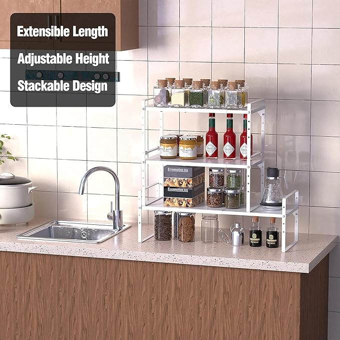 ?랤xpandable Kitchen Cabinet Storage Shelf, Stackable Metal Pantry Storage Shelves Organizer, Adjustable Height Counter Spice Rack for Kitchen Cabinet (White - 16.5"-27" L x 10.2" W x 9.6" H - 3Pack)