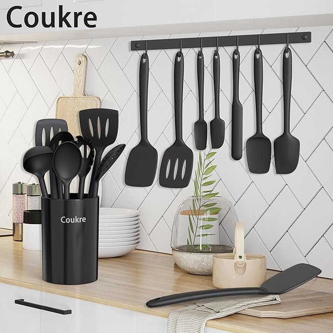 Coukre Silicone Kitchen Cooking Utensils Set with Holder ??Heat-Resistant, Food-Grade Kitchen Tools, Spatula, Spoon & Gadgets for Non-Stick Pans, Dishwasher Safe (14, PureBlack)